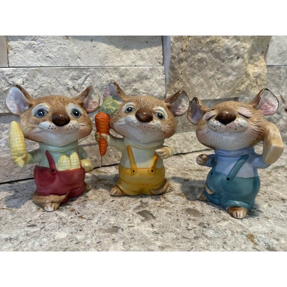 Homco Mice Figurines with Cheese/Corn/Carrot Set of 3 Anthropomorphic - Picture 1 of 7